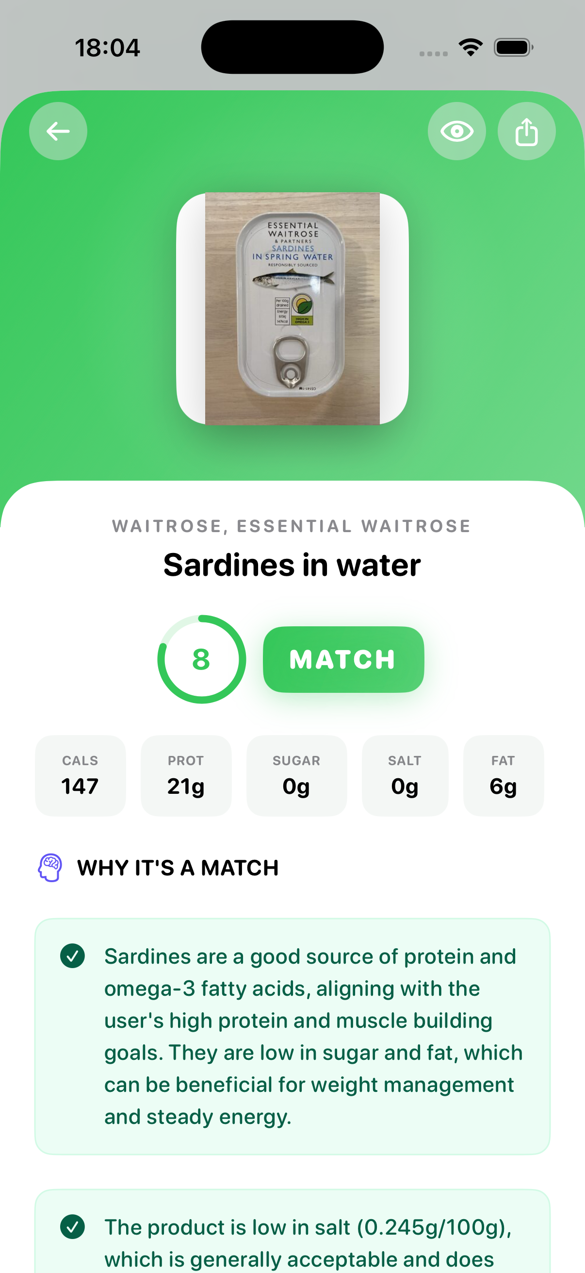 SYE analysis result showing a product MATCH with healthy reasons