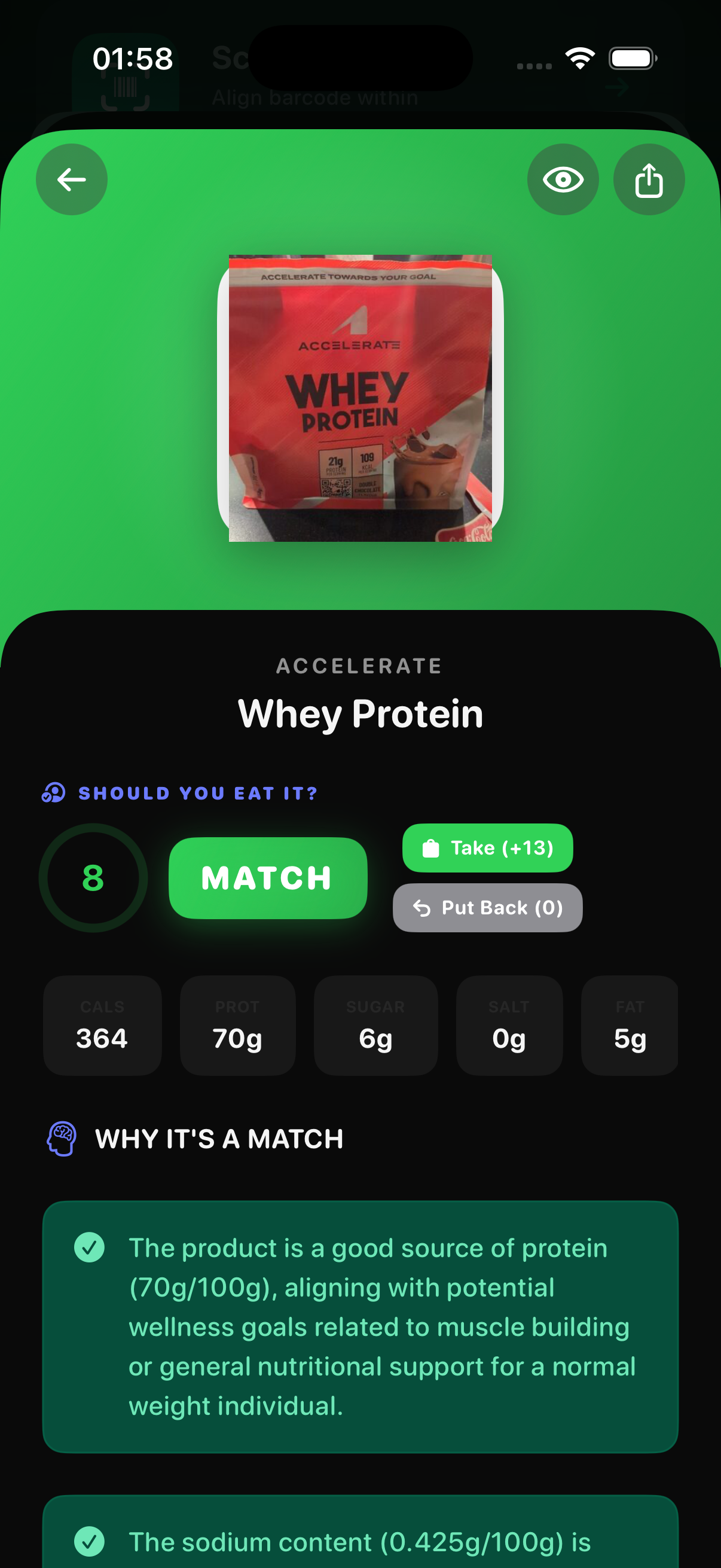 SYE analysis result showing a product MATCH — whey protein safe for the user's profile